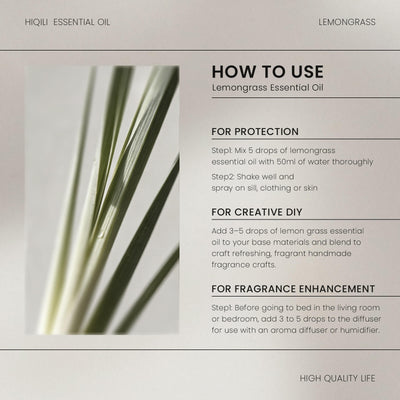 HIQILI Lemongrass Essential Oil usage guide for DIY projects, fragrance enhancement, and everyday aromatic use.