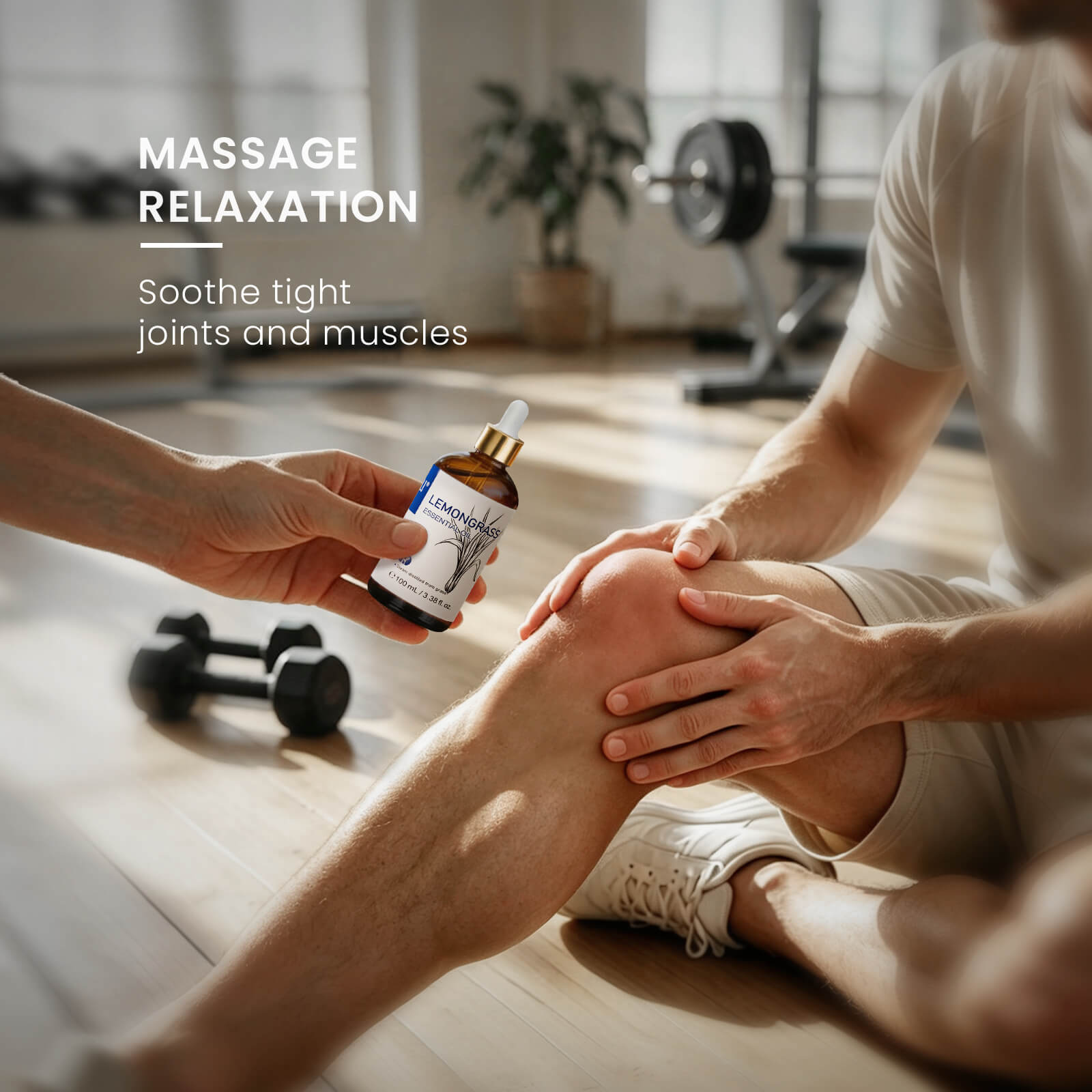 HIQILI Lemongrass Essential Oil shown during a relaxing leg massage after exercise.