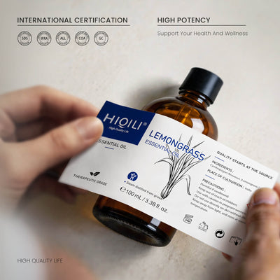 HIQILI Lemongrass Essential Oil bottle and label with SDS, IFRA, allergen, COA, and GC certification icons.