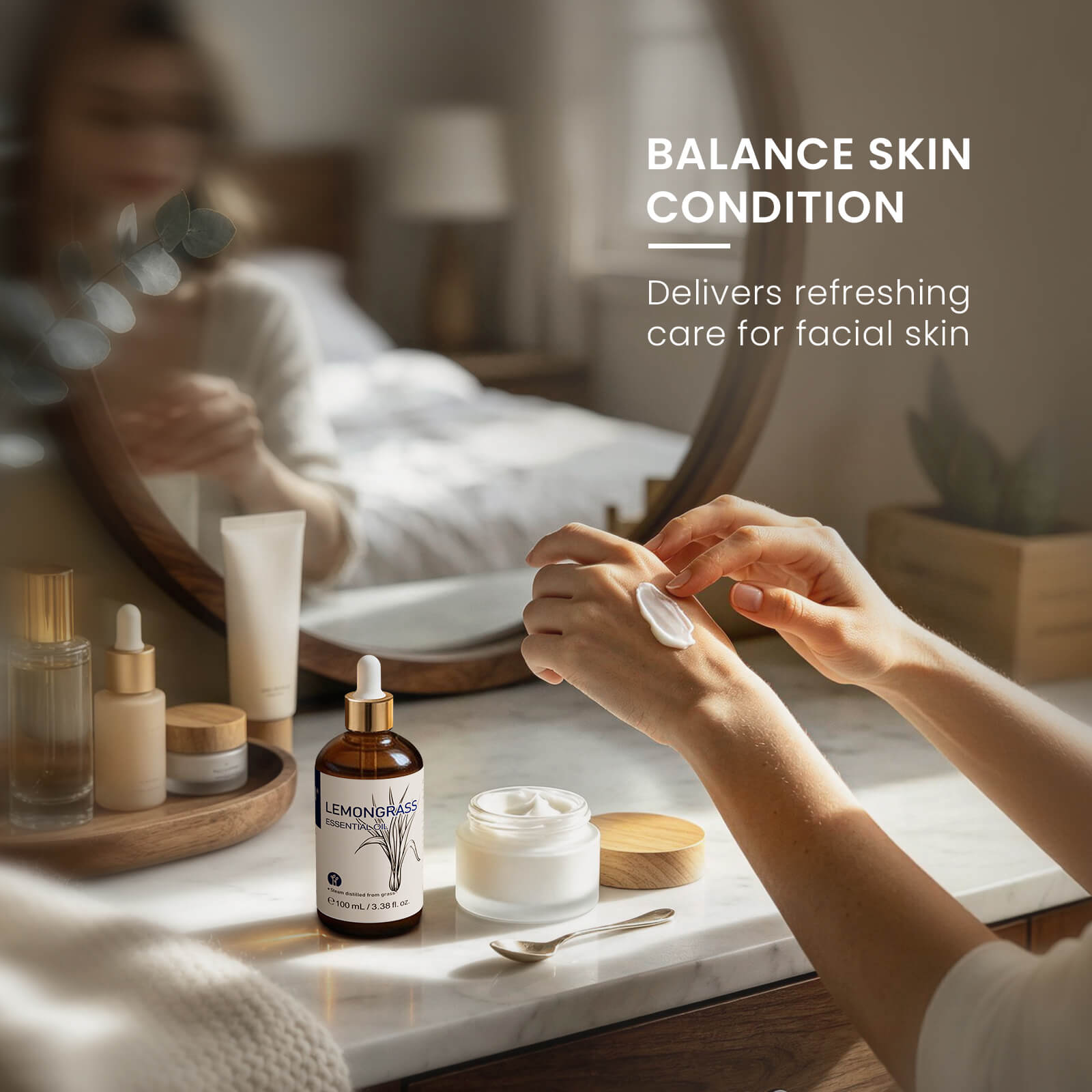HIQILI Lemongrass Essential Oil beside facial skincare products during a daily skincare routine.
