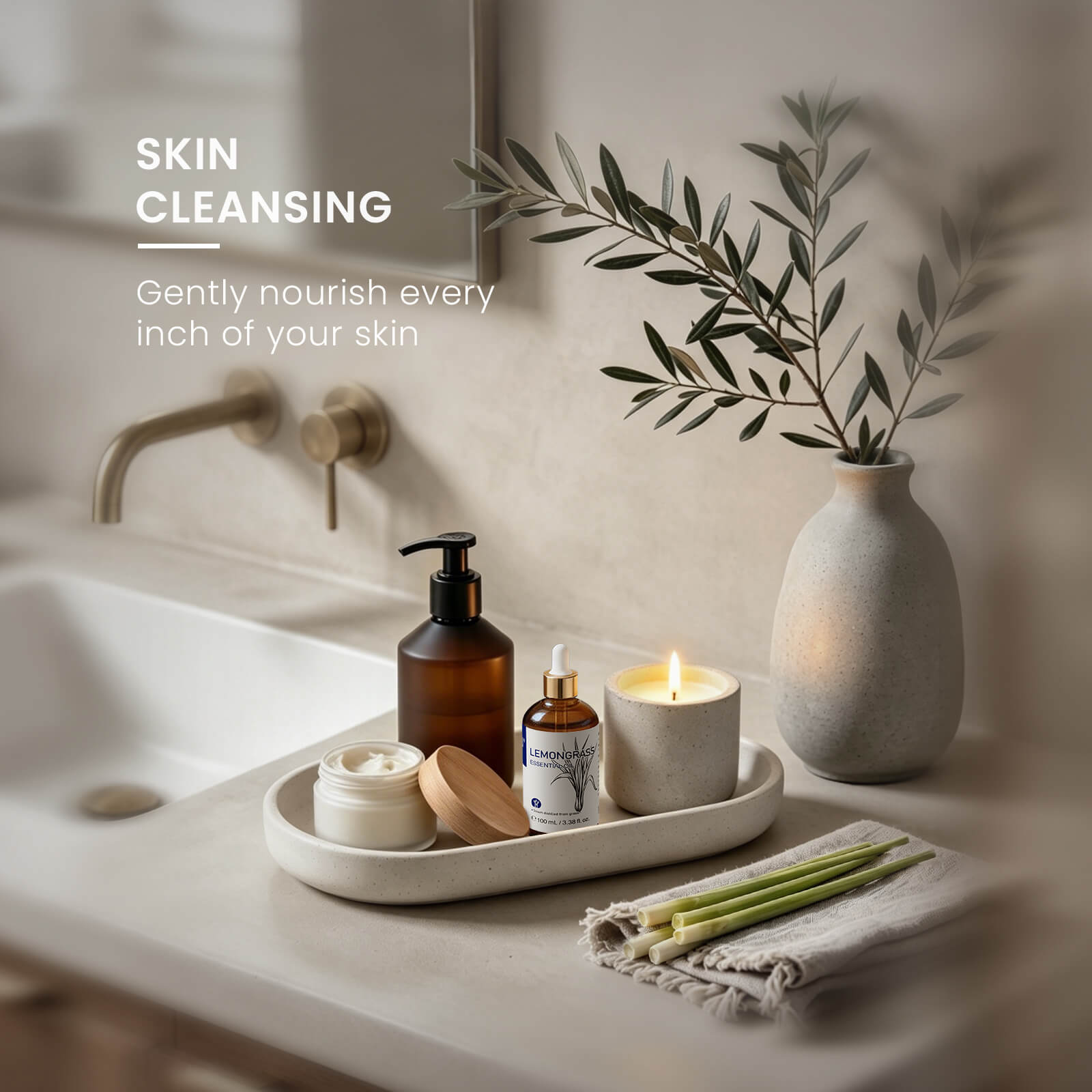 HIQILI Lemongrass Essential Oil displayed with skincare products in a warm bathroom setting.