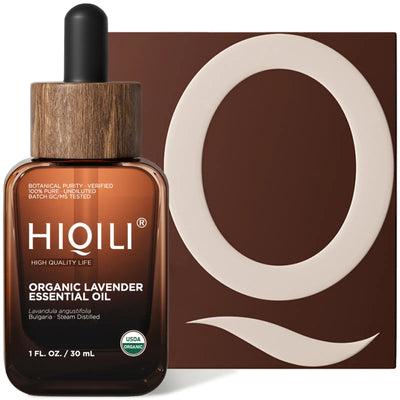 HIQILI organic lavender essential oil 30 mL amber dropper bottle with signature Q box on a white background.
