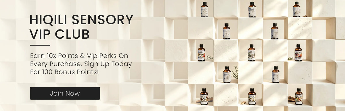HIQILI Sensory VIP Club featuring essential oils and fragrance oils with 10x points, VIP perks, and bonus rewards.