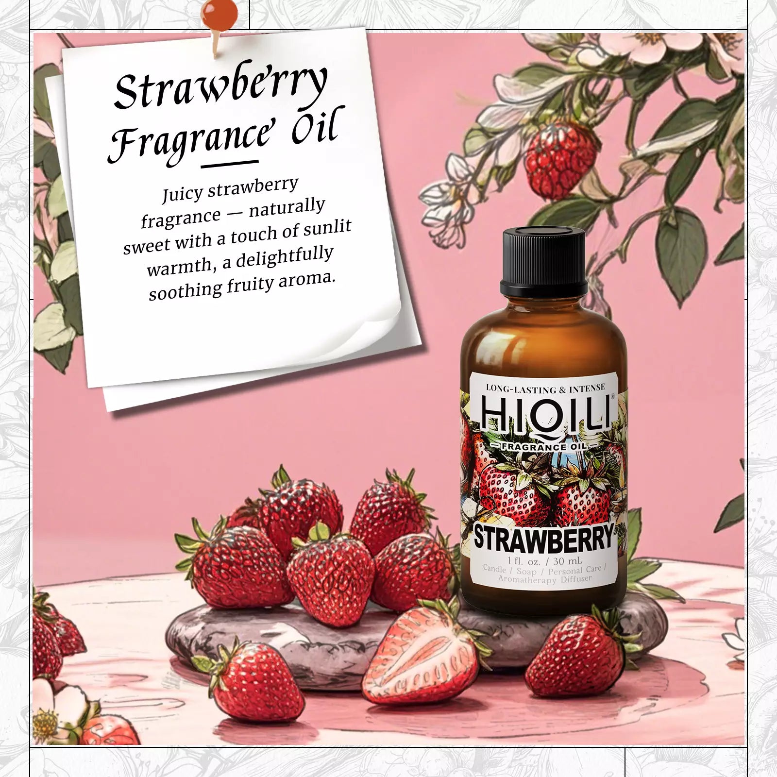 HIQILI Strawberry Fragrance Oil 30 mL bottle with fruity scent card