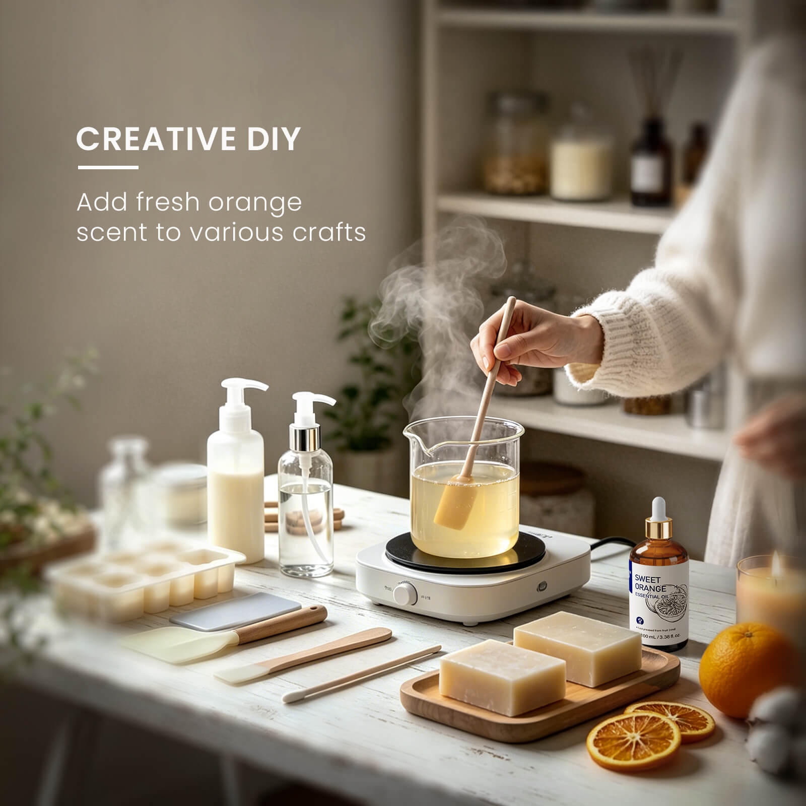 HIQILI Sweet Orange Essential Oil used for DIY soap, candle, and handmade fragrance projects with a fresh citrus aroma.