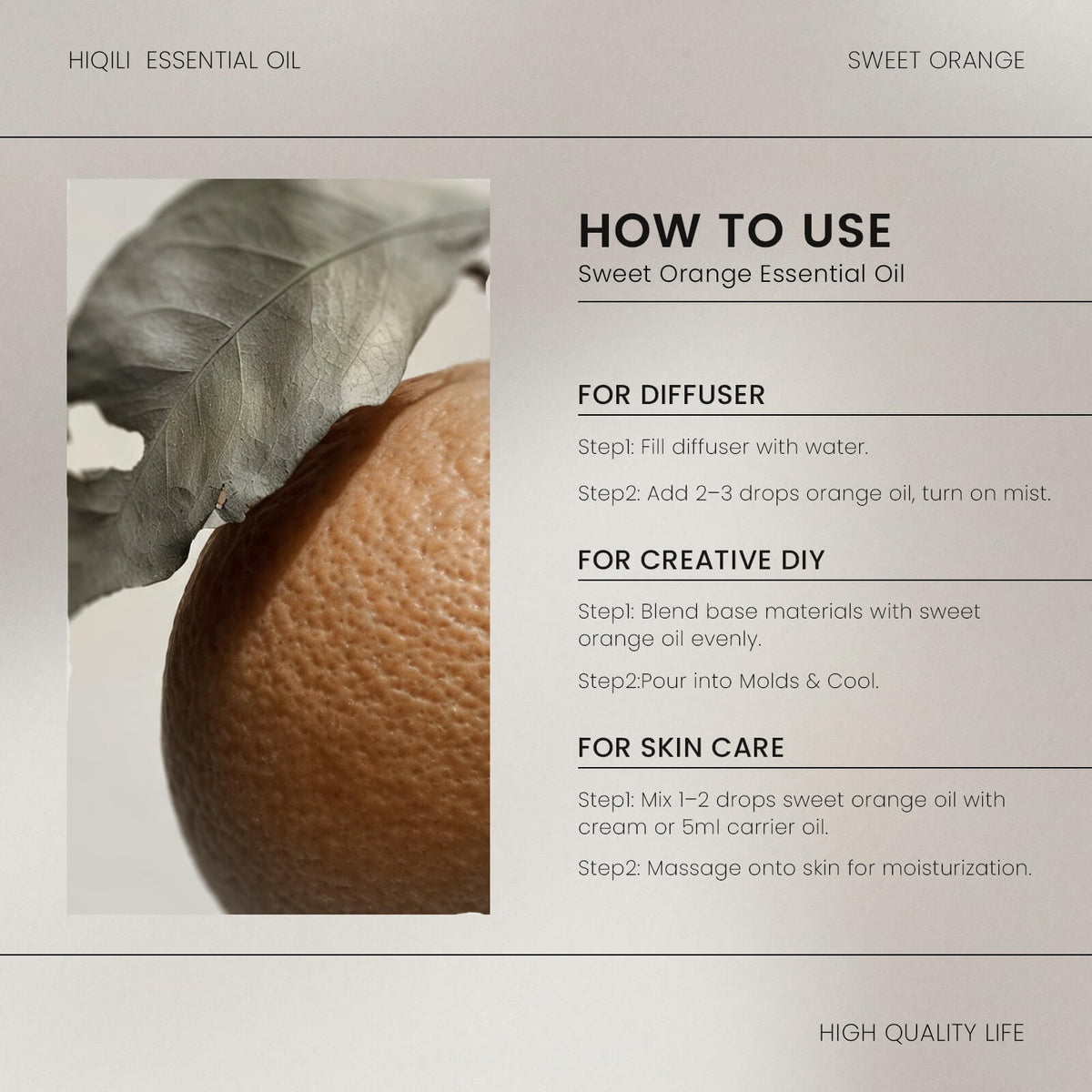 HIQILI Sweet Orange Essential Oil usage guide for diffusers, creative DIY projects, and moisturizing skincare blends.