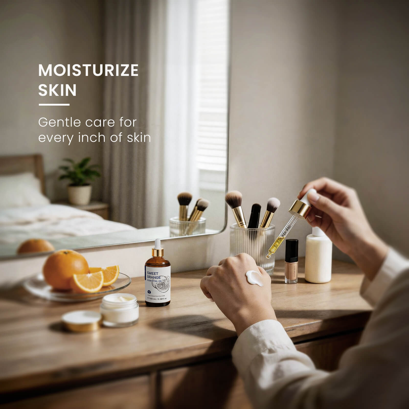 HIQILI Sweet Orange Essential Oil blended into skincare products to moisturize, soften, and gently care for dry skin.