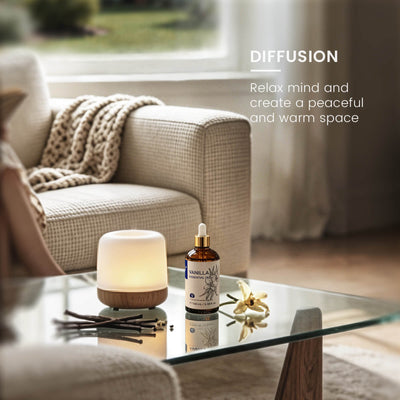 HIQILI Vanilla Essential Oil used in an aroma diffuser to relax the mind and create a warm, peaceful atmosphere.