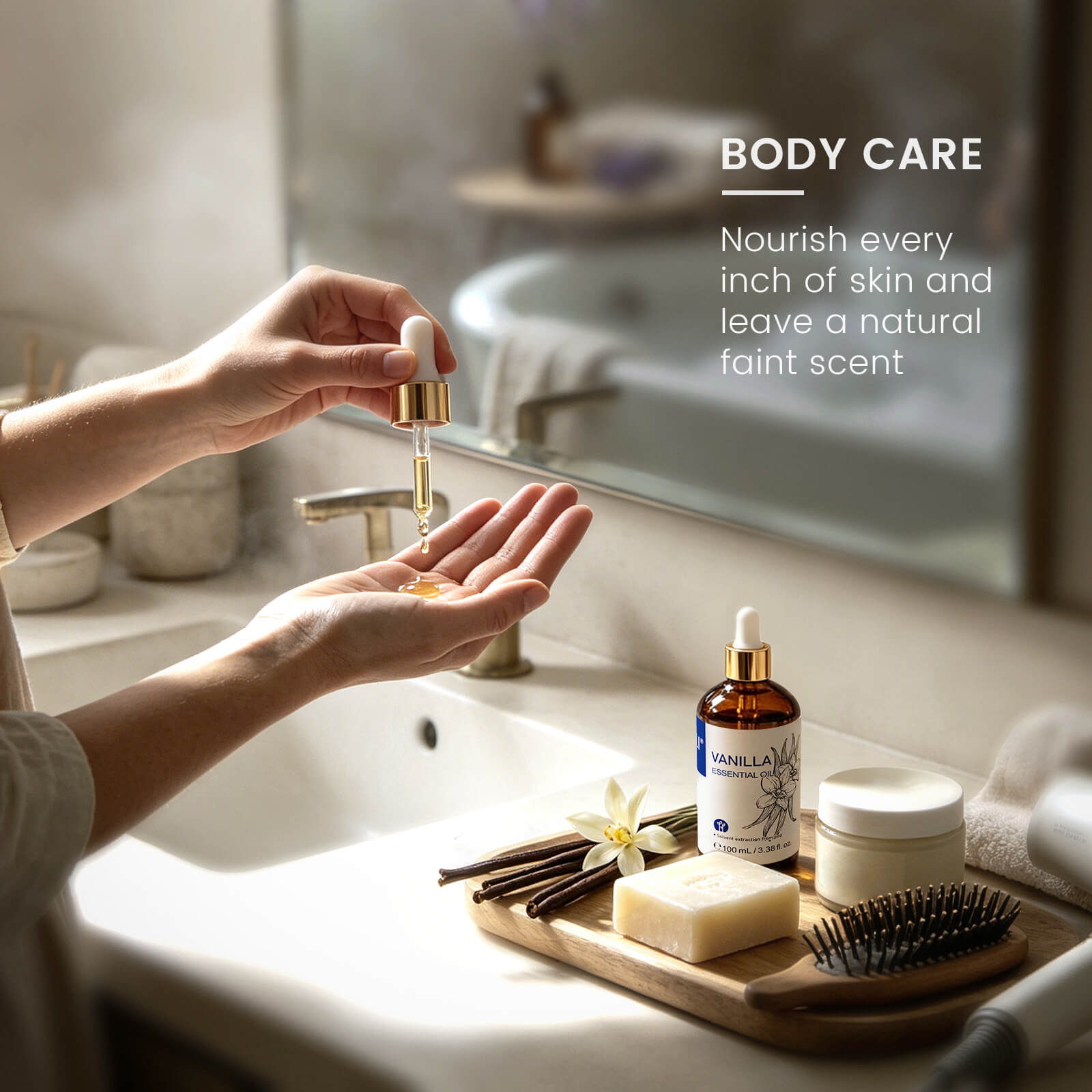 HIQILI Vanilla Essential Oil used for body care to nourish and moisturize skin while leaving a soft, warm vanilla scent.