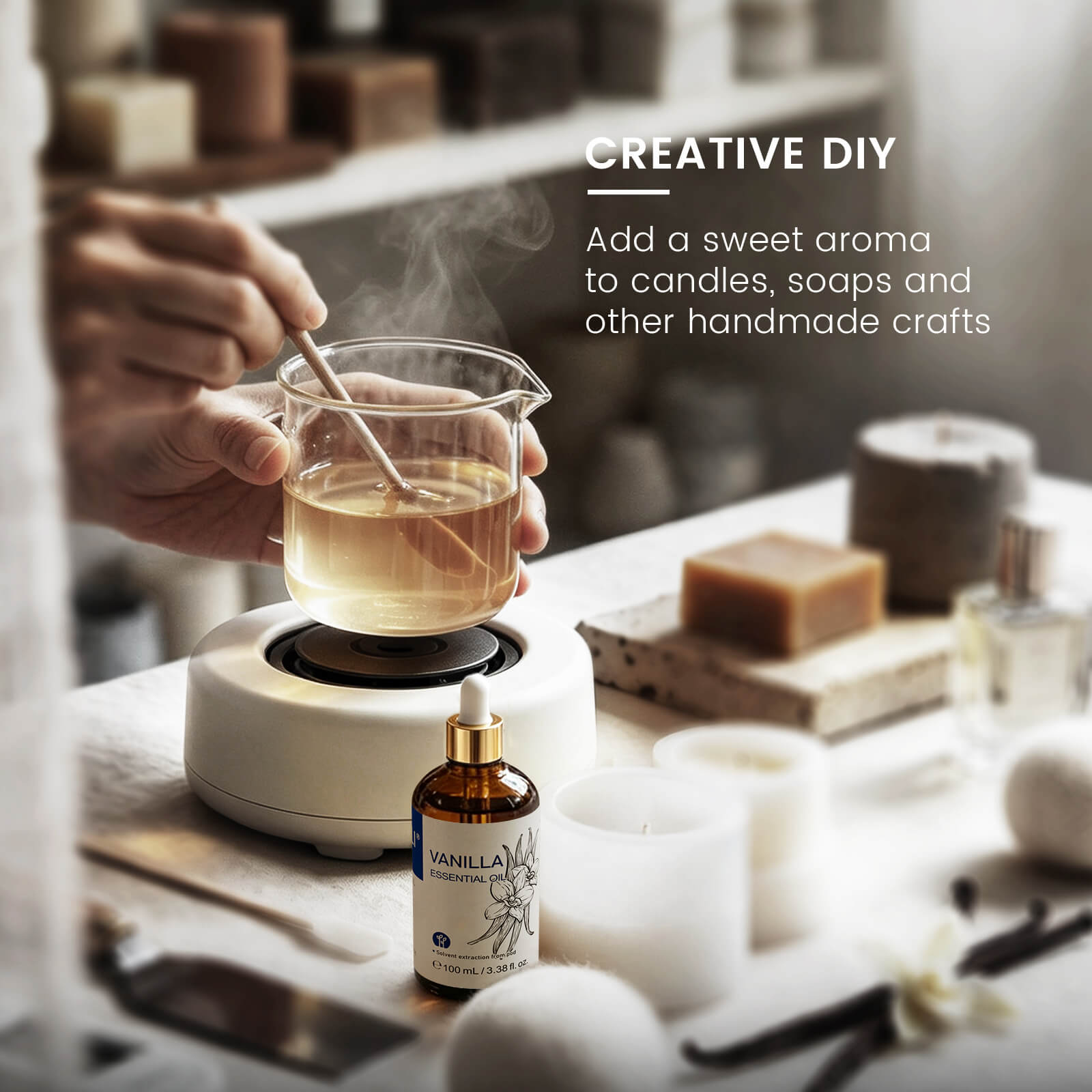 HIQILI Vanilla Essential Oil used in DIY candles, soaps, and handmade crafts to add a rich, sweet vanilla aroma.