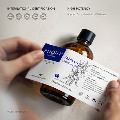 HIQILI Vanilla Essential Oil with SDS, IFRA, allergen, COA, and GC certification icons highlighting quality and potency.