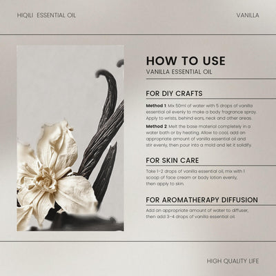 HIQILI Vanilla Essential Oil usage guide for DIY crafts, skincare, body fragrance, and aromatherapy diffusion.