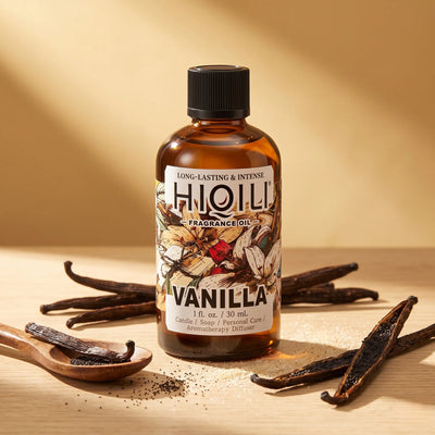 HIQILI Vanilla Fragrance Oil 30 mL bottle with vanilla pods