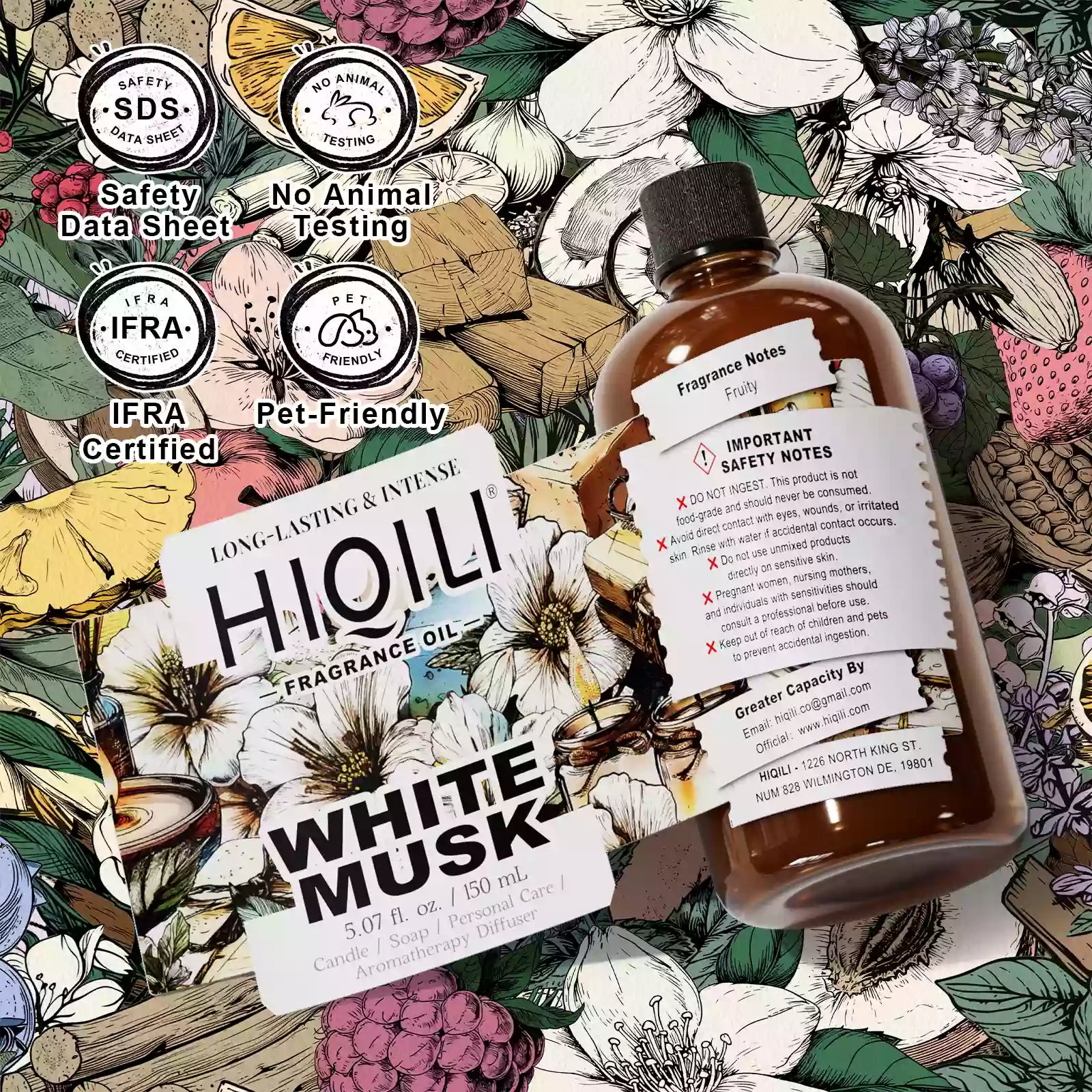 HIQILI White Musk Fragrance Oil 150 mL bottle with safety notes