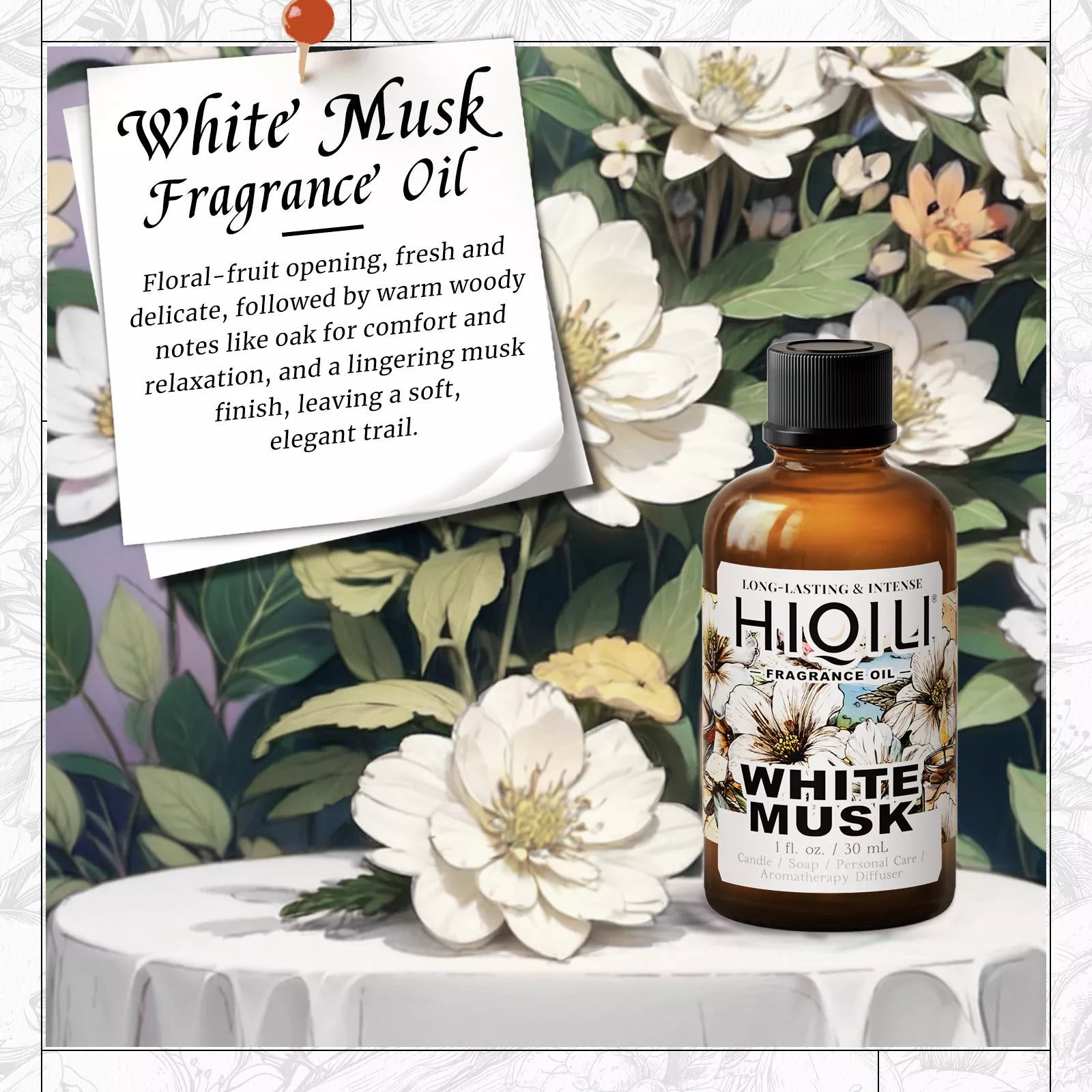 HIQILI White Musk Fragrance Oil scent card with floral musk notes