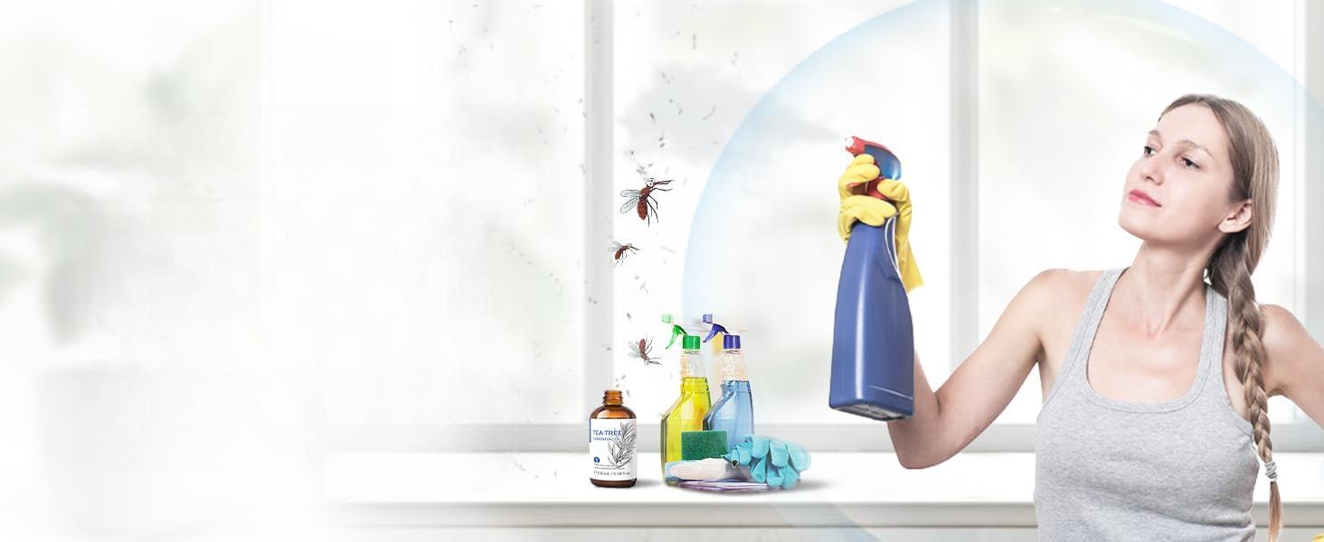 Woman using a DIY natural tea tree essential oil spray for chemical-free household cleaning and as a natural bug repellent at home.