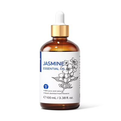 HIQILI 100ml 3.38 fl oz Jasmine Essential Oil amber glass bottle with gold dropper front view.