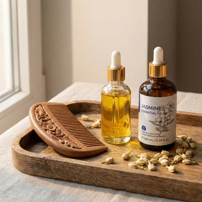 Wooden hair comb and Jasmine Essential Oil blend on a bamboo tray for natural hair care and shine.