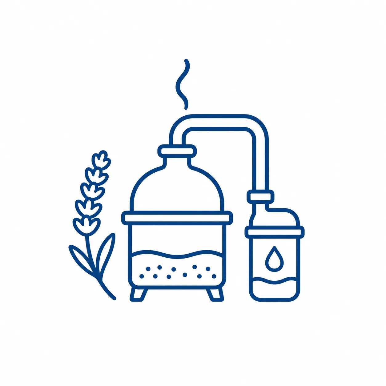 Steam distillation icon showing lavender, distillation equipment and essential oil