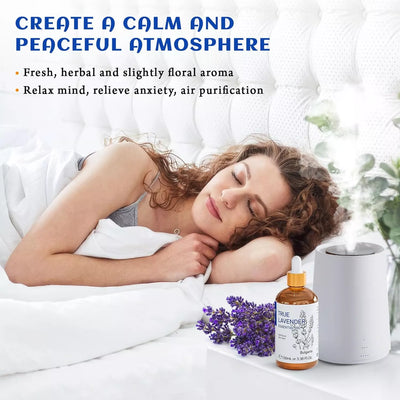 HIQILI A woman enjoying restful sleep in bedroom with 100ml True Lavender Essential Oil to relax mind and relieve anxiety with 