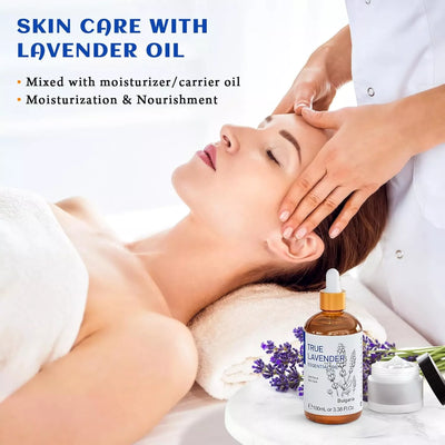 HIQILI Woman receiving a relaxing face massage with hands on her forehead for skin care using True Lavender Essential Oil for m