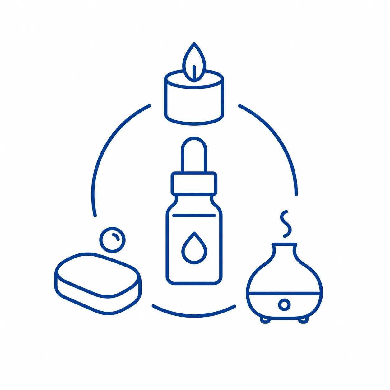 Essential oil bottle with candle, soap and diffuser representing versatile DIY uses