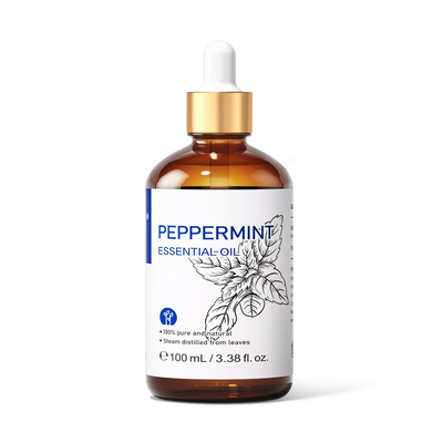 HIQILI 100ml 3.38 fl oz Peppermint Essential Oil amber glass bottle with gold dropper front view.