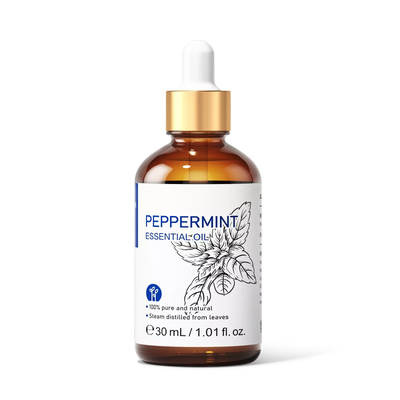 HIQILI 30ml 1.01 fl oz Peppermint Essential Oil amber glass bottle with gold dropper front view.