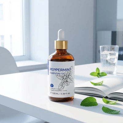 HIQILI 100ml Peppermint Essential Oil on a white desk with mint leaves and a book for a refreshing vibe.
