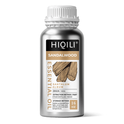 HIQILI 16 oz bulk Sandalwood Essential Oil aluminum bottle, pure Indian Santalum album for wholesale.
