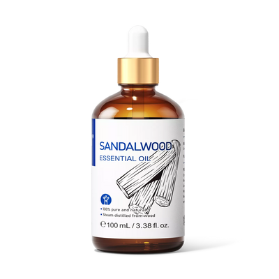 HIQILI 100ml 3.38 fl oz Sandalwood Essential Oil amber glass bottle with gold dropper front view.