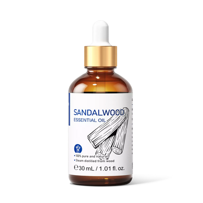 HIQILI 30ml 1.01 fl oz Sandalwood Essential Oil amber glass bottle with gold dropper front view.