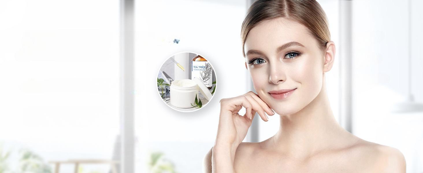 Smiling woman with clear, glowing skin showcasing the purifying benefits of mixing pure tea tree essential oil into daily face cream for blemish control.