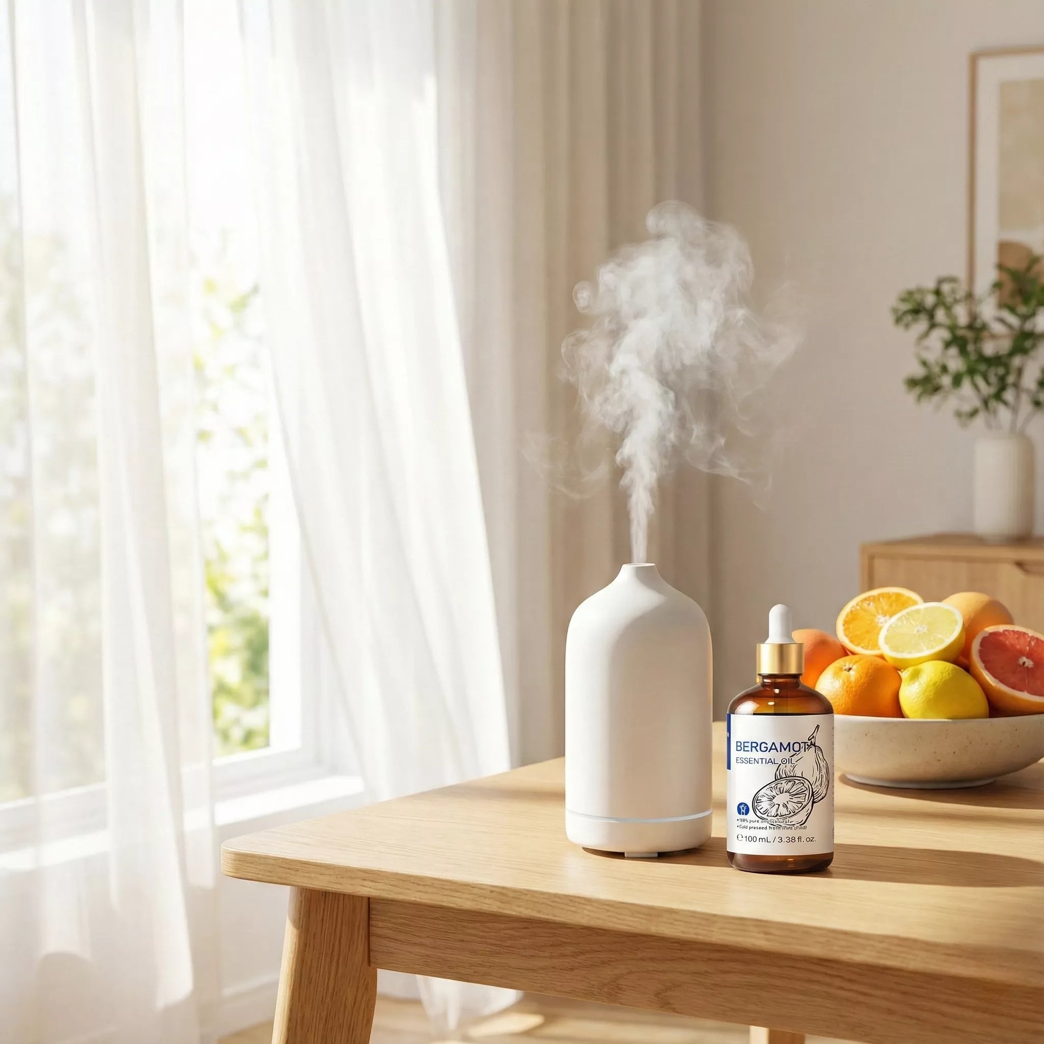 A white aroma diffuser emitting mist next to Sweet Orange Essential Oil in a sun-drenched living room for morning energy.