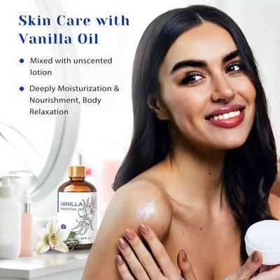 HIQILI Woman applying unscented lotion mixed with HIQILI Vanilla Essential Oil for skin care and moisturization.