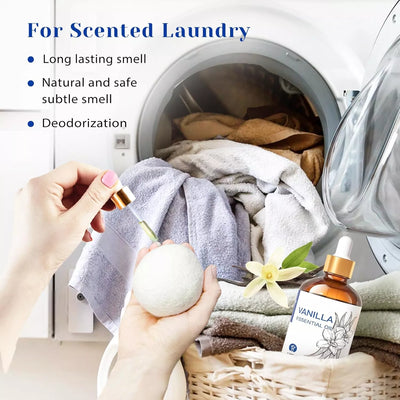 HIQILI Woman adding HIQILI Vanilla Essential Oil to wool dryer balls for naturally scented and deodorized laundry.