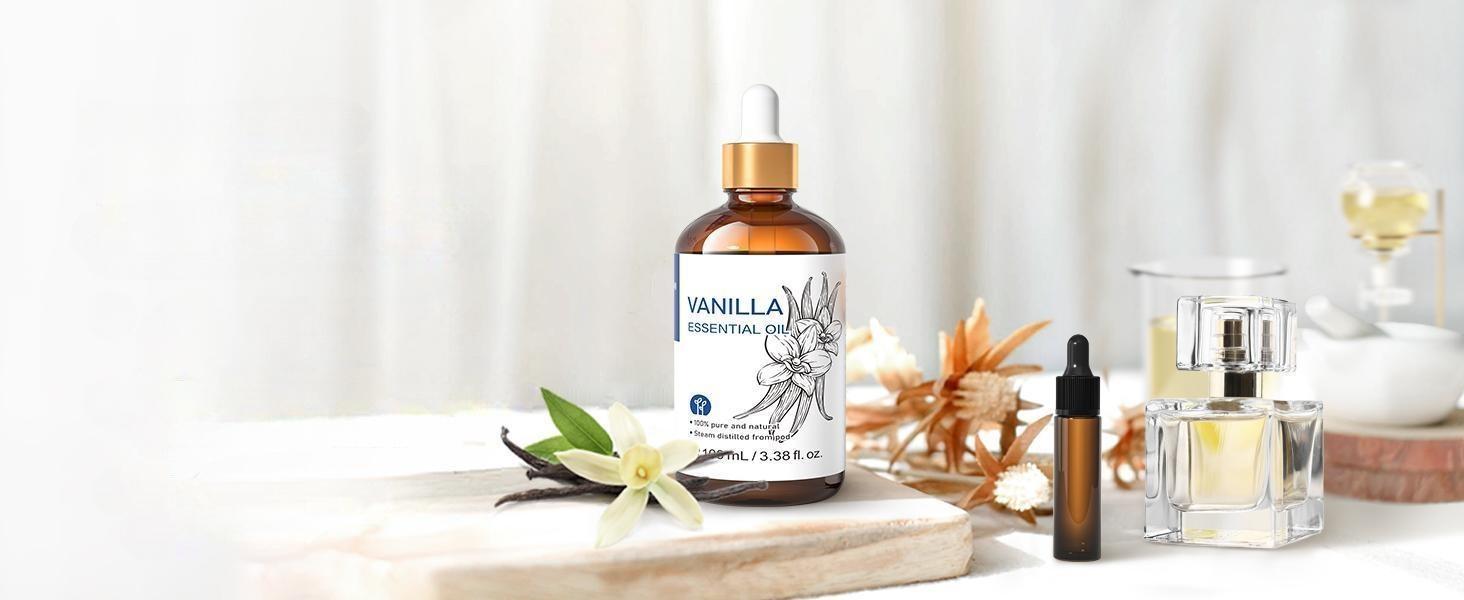 Crafting a custom DIY natural perfume using pure vanilla essential oil, almond carrier oil, and a glass perfume bottle on a wooden table.