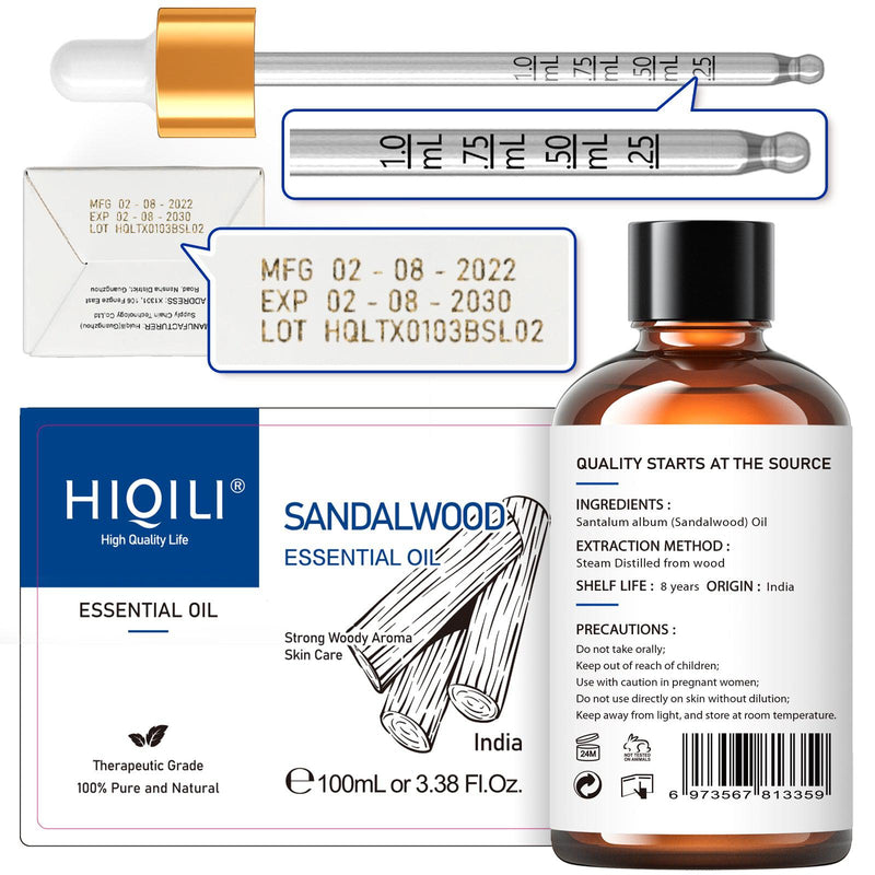 HIQILI Sandalwood Essential Oils, for Diffuser, Skin, Hair, Candle